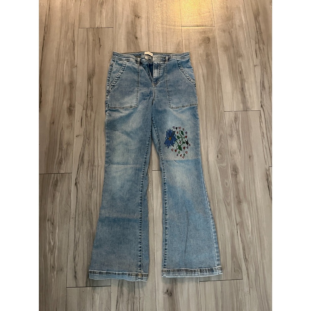 Knox Rose The Anywhere Flare Jeans Womens 12 Blue Denim Cotton Floral High Rise